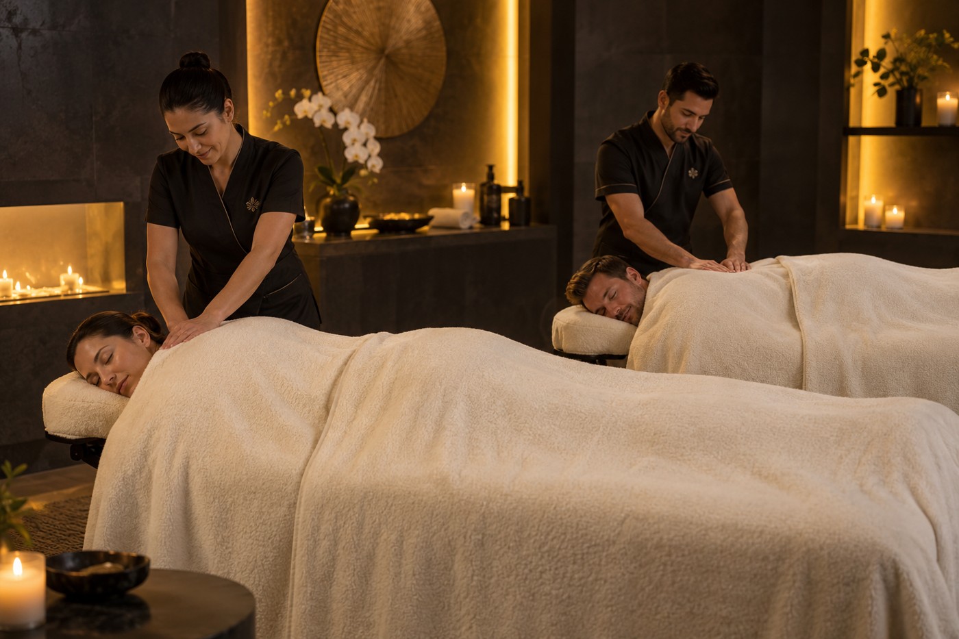 Two adults receiving massages side by side, fully covered with ivory blankets