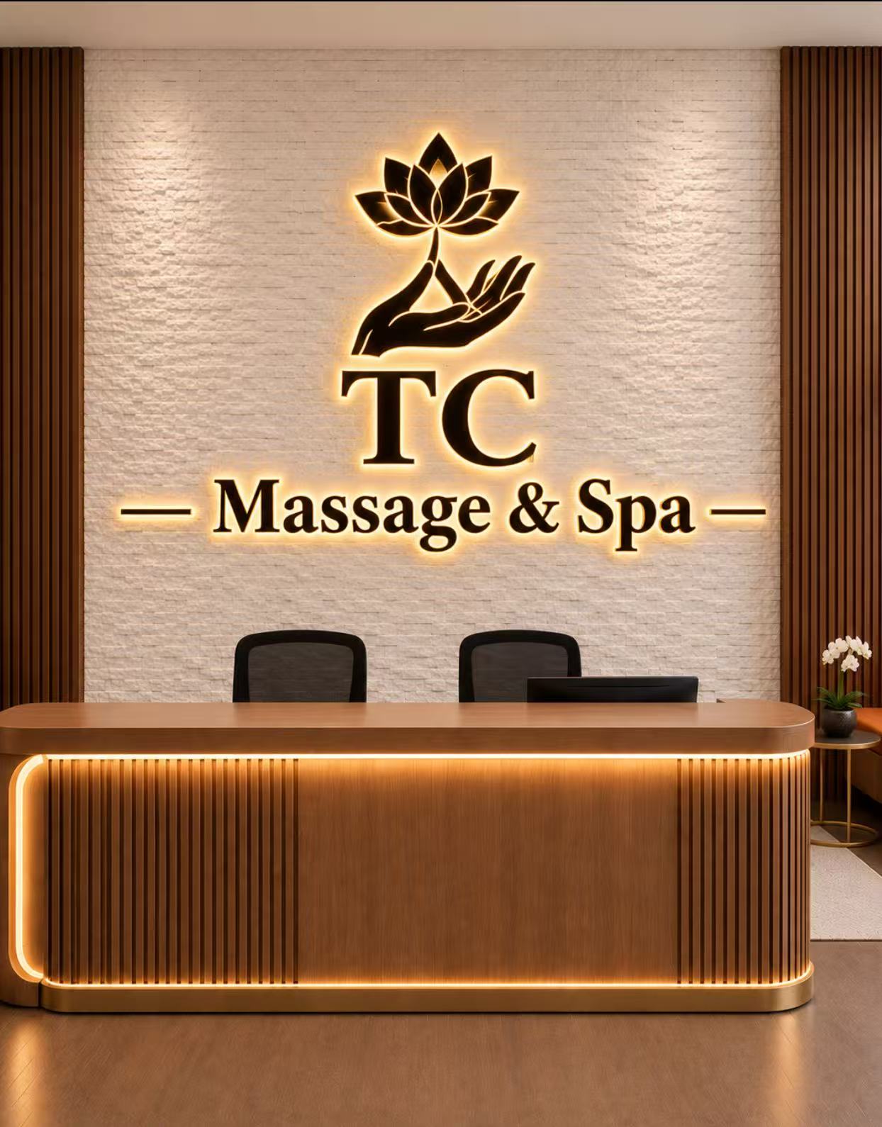 Illustrative reception design with the TC Massage and Spa identity