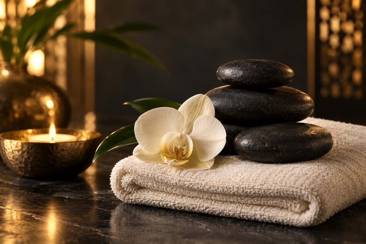 Smooth massage stones on a towel